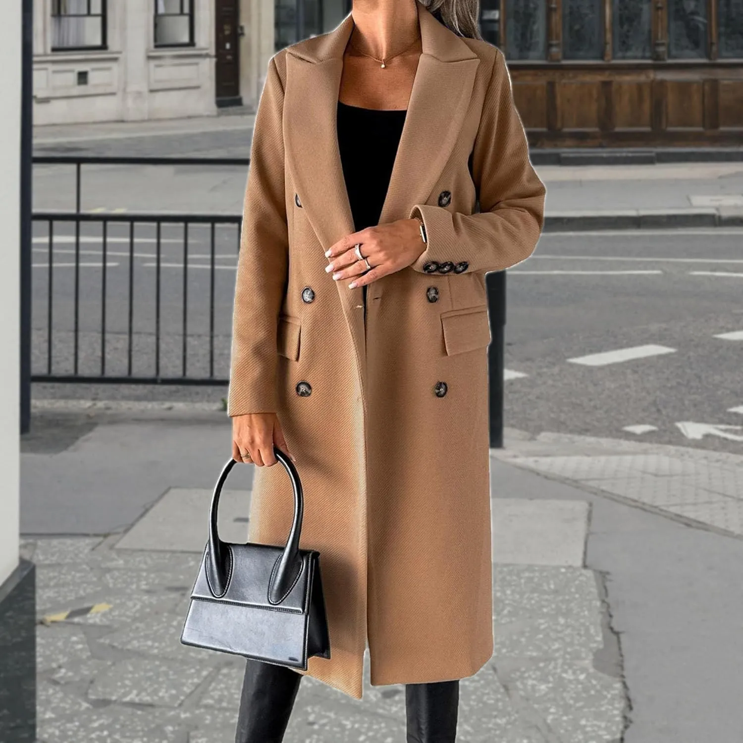 Women's Winter Jacket Double-Breasted Wool Blend Warm Outwear Long Trench Casual Coat