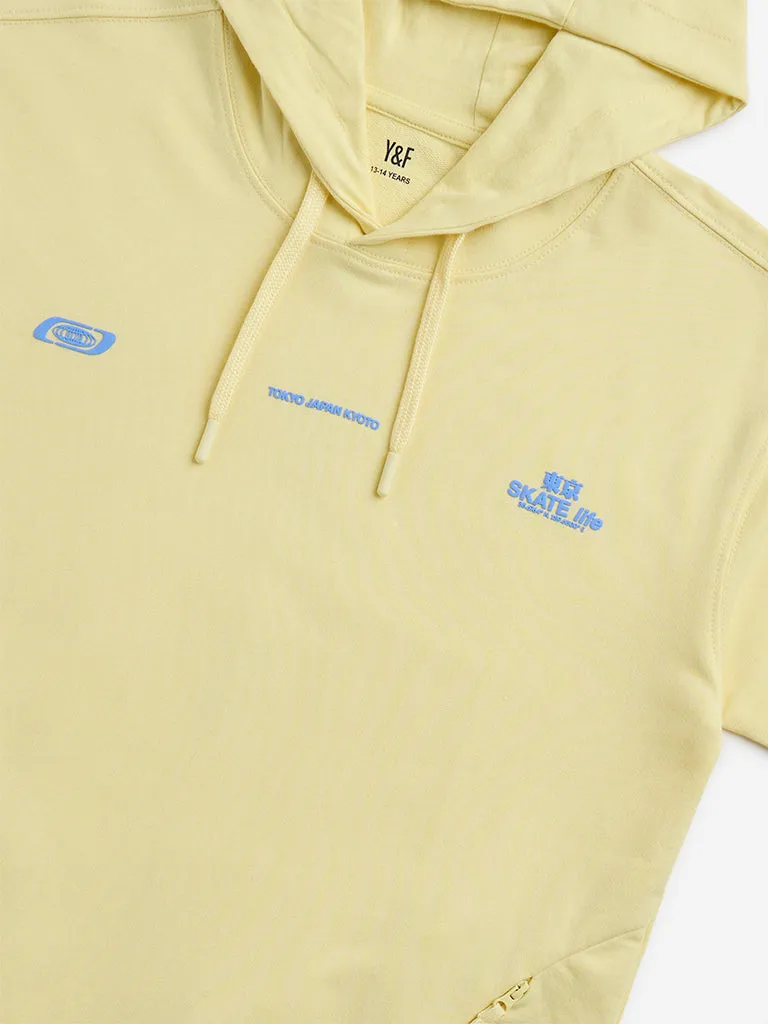 Y&F Kids Yellow Text Printed Cotton Hoodie
