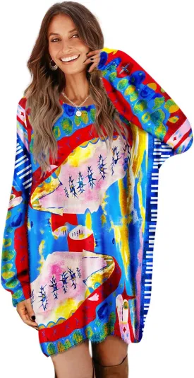 YESNO Women Graphic Long Lantern Sleeve Sweater Dresses Fall Oversized Knit Pullover Sweaters SDL