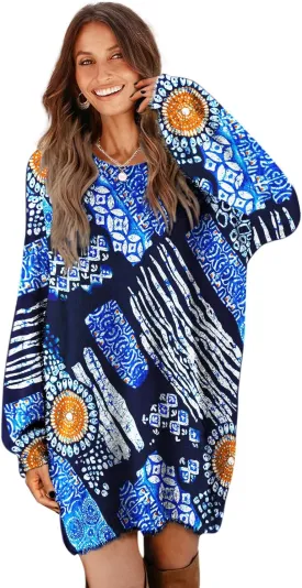 YESNO Women Graphic Long Lantern Sleeve Sweater Dresses Fall Oversized Knit Pullover Sweaters SDL