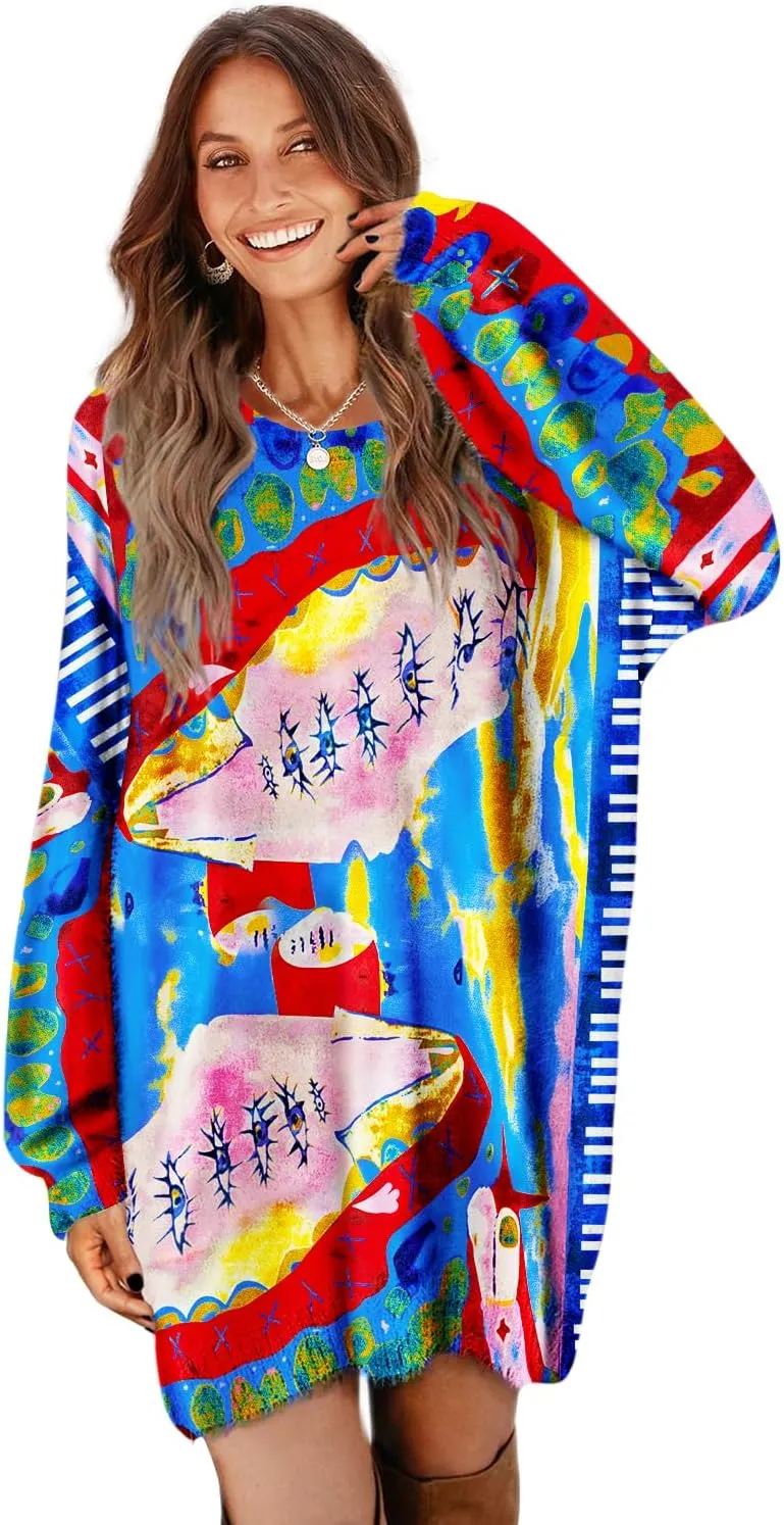 YESNO Women Graphic Long Lantern Sleeve Sweater Dresses Fall Oversized Knit Pullover Sweaters SDL
