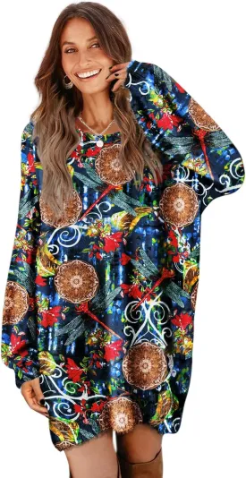 YESNO Women Graphic Long Lantern Sleeve Sweater Dresses Fall Oversized Knit Pullover Sweaters SDL