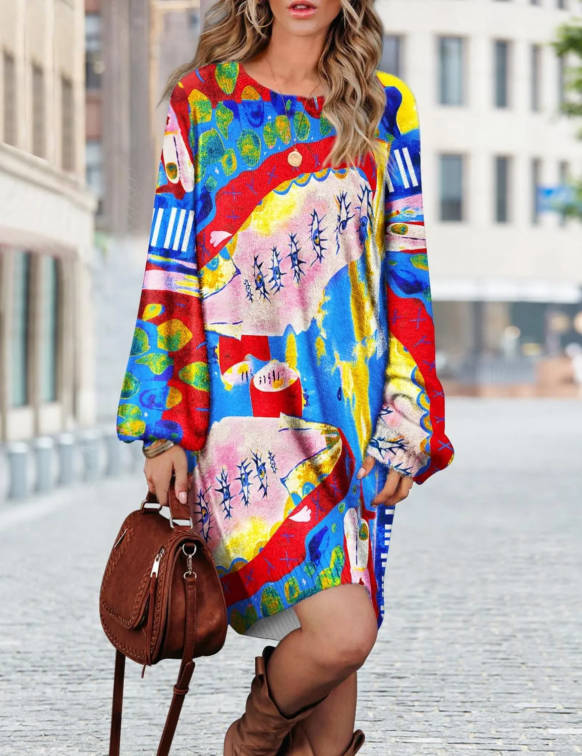 YESNO Women Graphic Long Lantern Sleeve Sweater Dresses Fall Oversized Knit Pullover Sweaters SDL