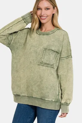 Zenana Sweatshirt Exposed Seam Pocketed Round Neck Dropped Shoulder