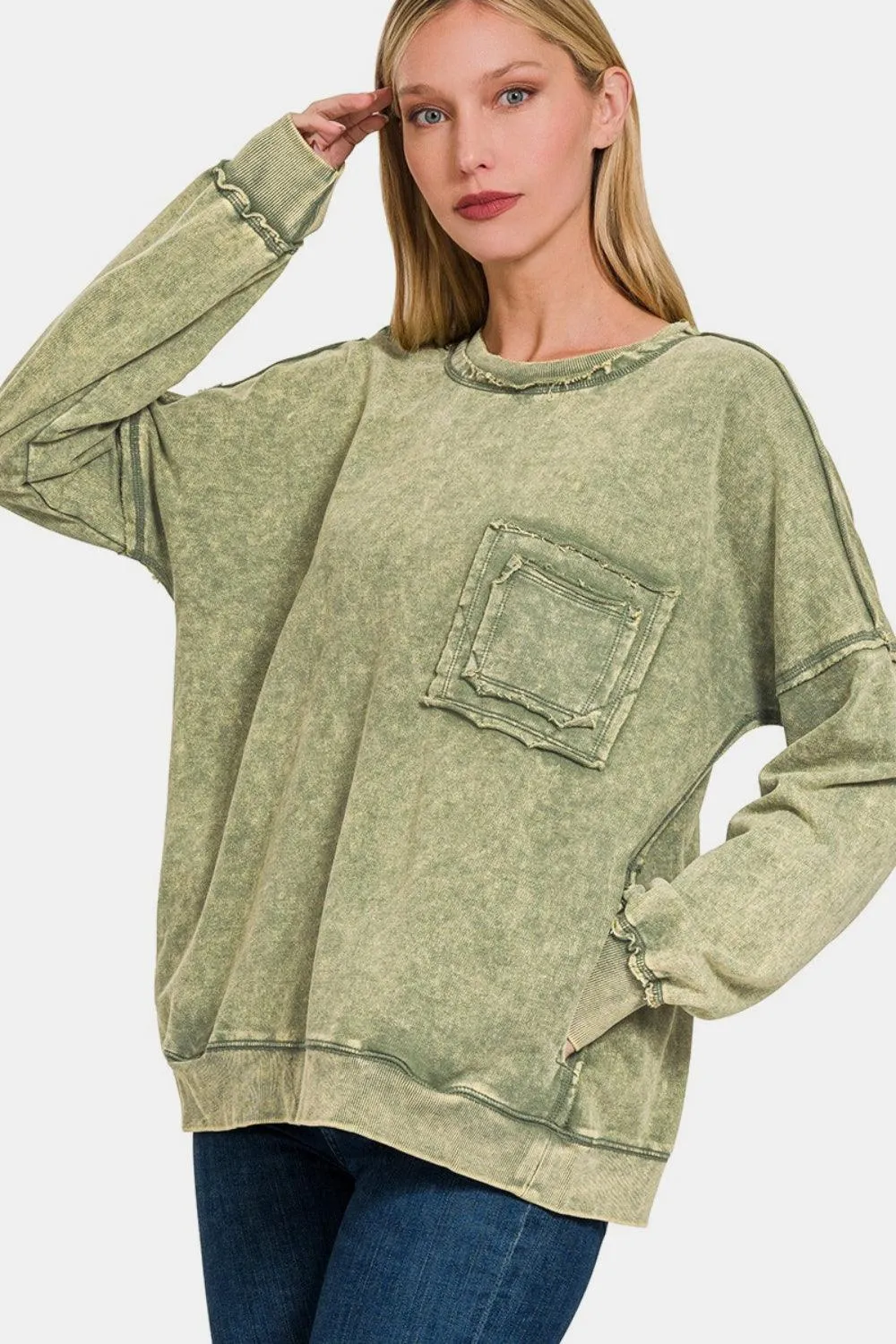 Zenana Sweatshirt Exposed Seam Pocketed Round Neck Dropped Shoulder
